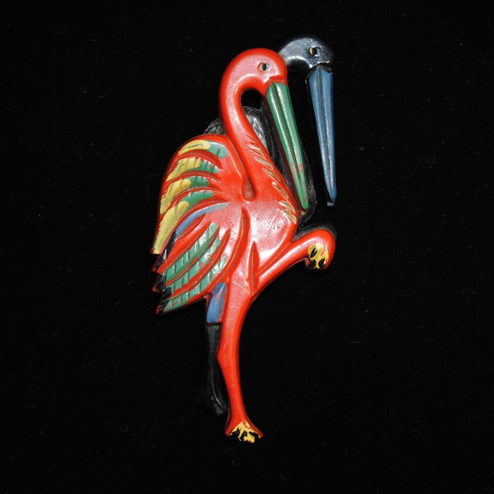 Large Vintage Early Plastic Red & Black Dancing Flamingos Brooch